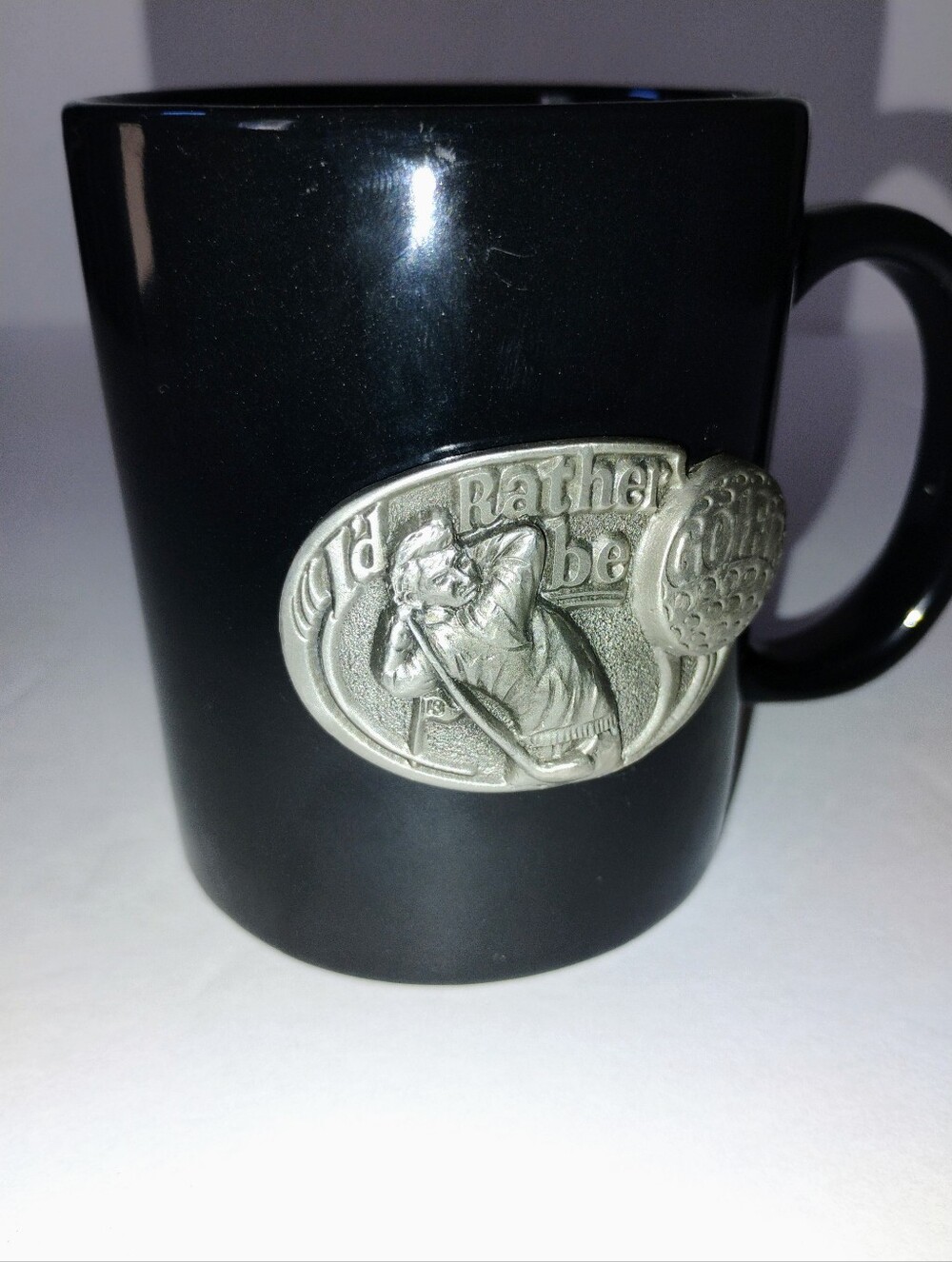 I'd Rather Be Golfing Coffee Mug Golfer Metal Emblem Black Silver 11 fl oz
